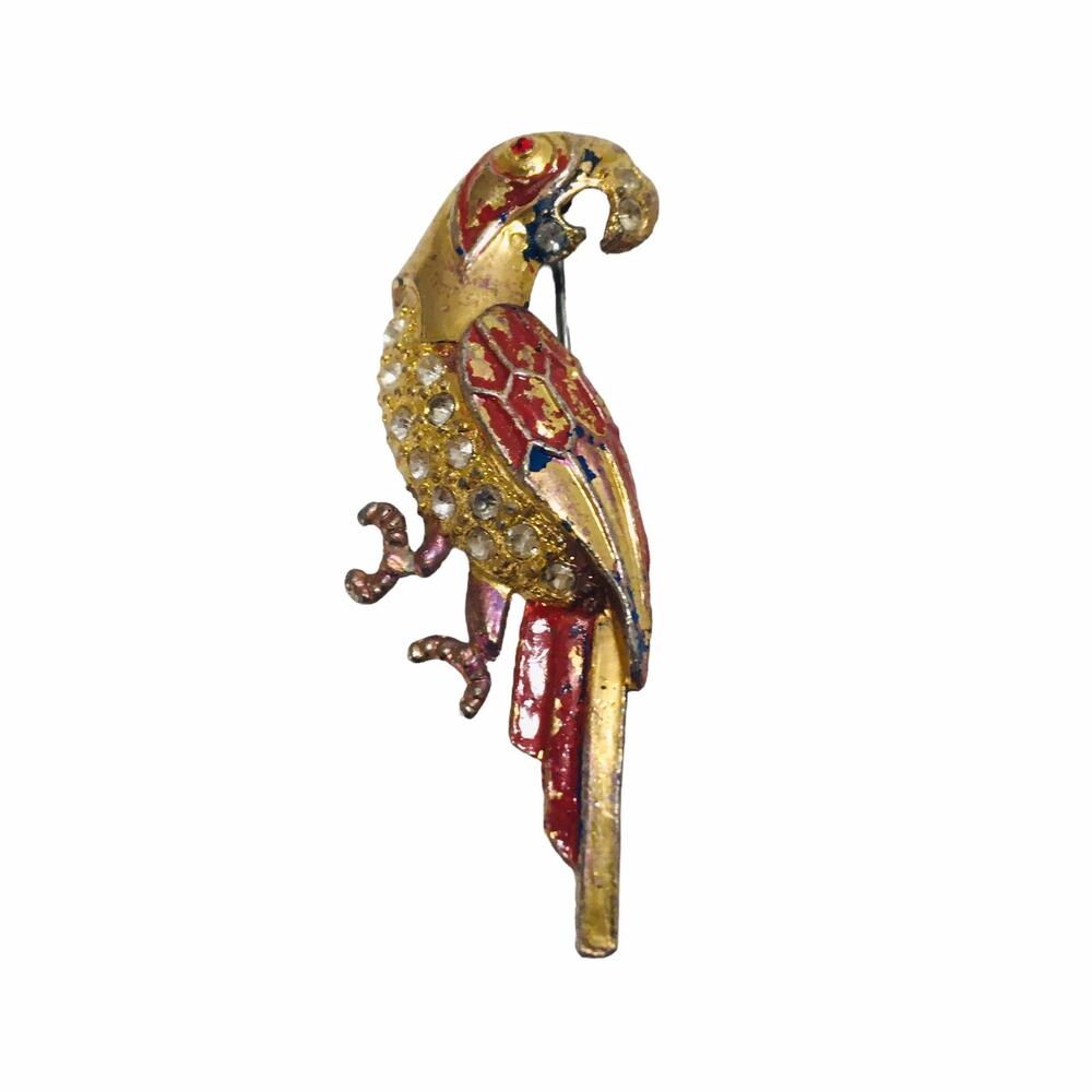 Vtg Brooch Pin Rhinestones Colorful Bird Parrot Costume Jewelry 50s Hand Painted